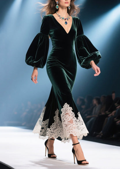 Deep V-Neck Bishop Sleeve Velvet Lace Hem Mermaid Midi Dress