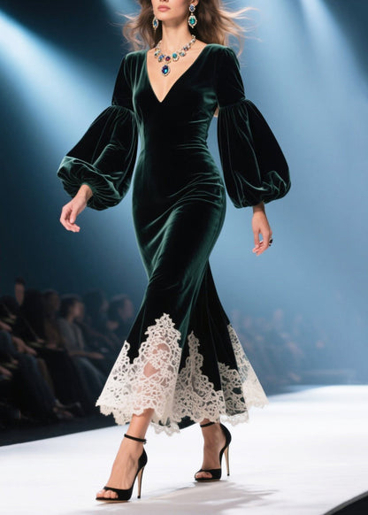Deep V-Neck Bishop Sleeve Velvet Lace Hem Mermaid Midi Dress