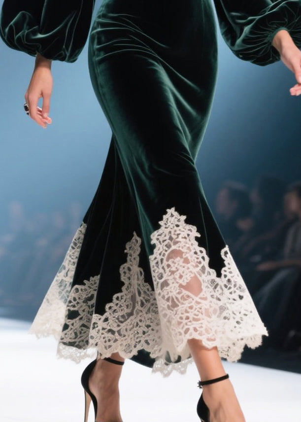Deep V-Neck Bishop Sleeve Velvet Lace Hem Mermaid Midi Dress