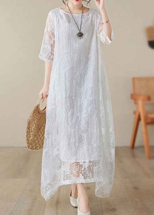 Scoop Neck Elbow Sleeve Double Layer Floral Lace Asymmetrical Hem Maxi Dress