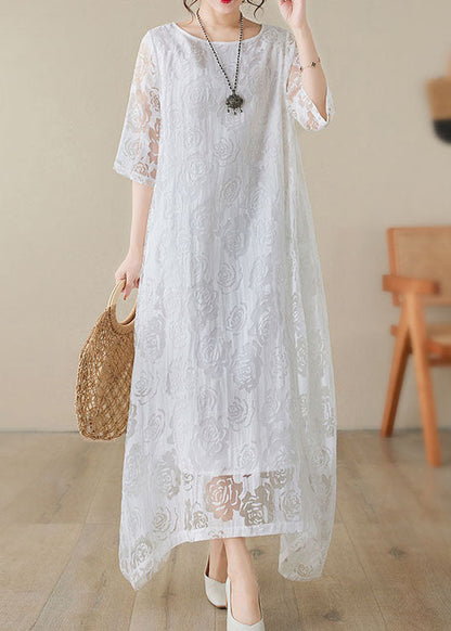 Scoop Neck Elbow Sleeve Double Layer Floral Lace Asymmetrical Hem Maxi Dress