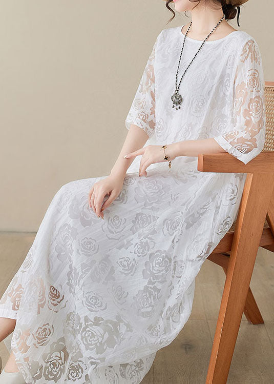 Scoop Neck Elbow Sleeve Double Layer Floral Lace Asymmetrical Hem Maxi Dress
