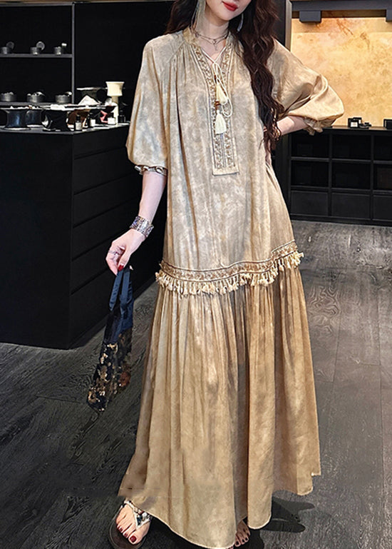 Embroidered Bib Tiered Fringe Tassel Balloon Sleeve Maxi Dress