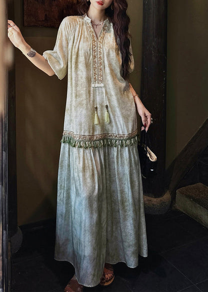 Embroidered Bib Tiered Fringe Tassel Balloon Sleeve Maxi Dress