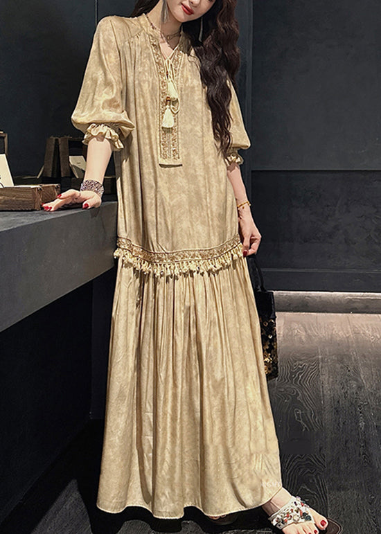 Embroidered Bib Tiered Fringe Tassel Balloon Sleeve Maxi Dress