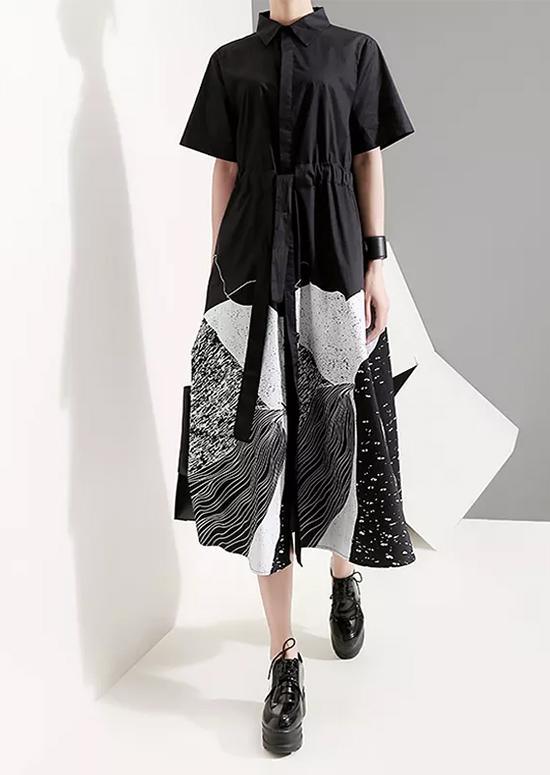 Collared Button Down Drawstring Waist Abstract Print Midi Dress
