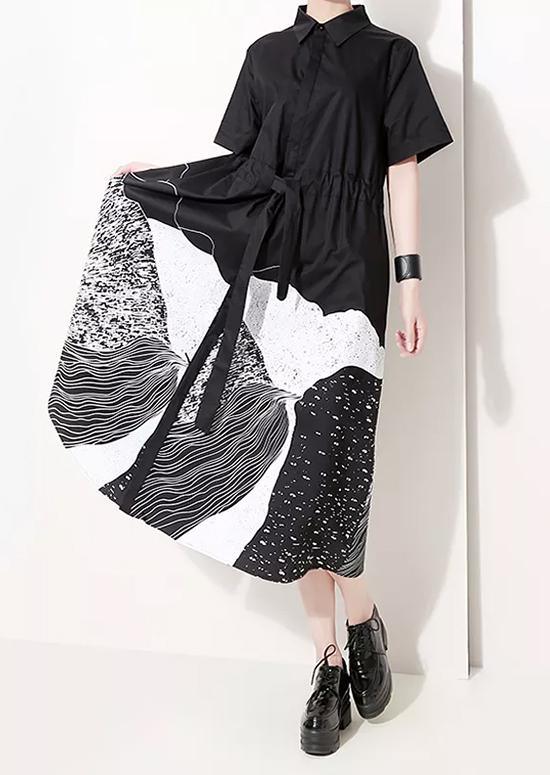 Collared Button Down Drawstring Waist Abstract Print Midi Dress