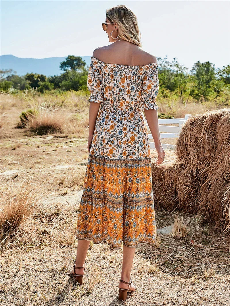 Floral Print Short Sleeve Off Shoulder Maxi Boho Dress