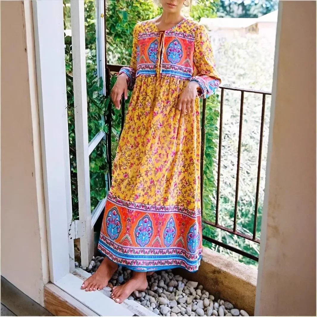 Long Sleeve Tie Neck Ethnic Yellow Floral Print Cotton Maxi Boho Dress