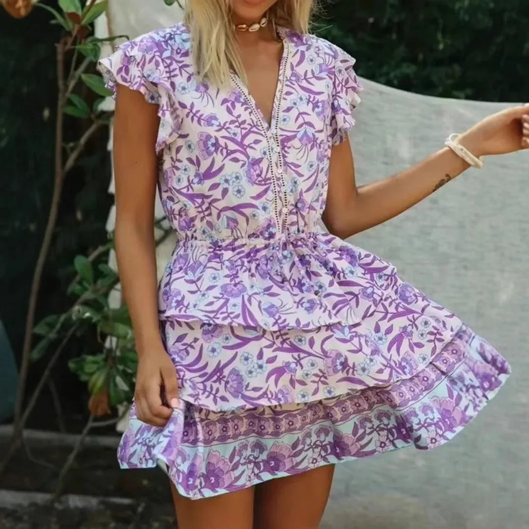 Ruffles Sleeve Floral Beach Boho Mini Dress
