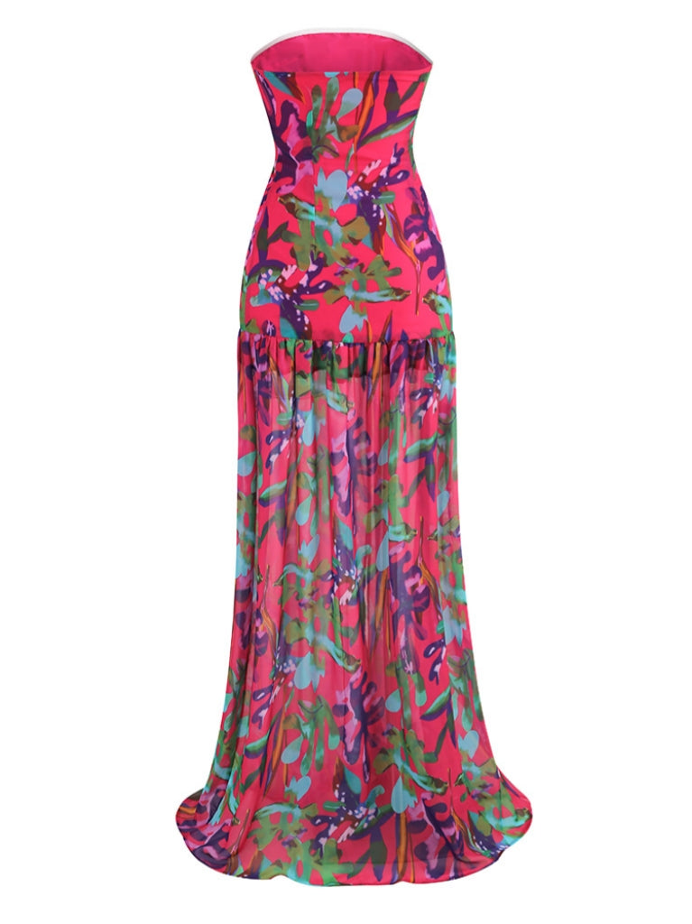 Strapless Tropical Floral Print Drop Waist Tiered Maxi Dress