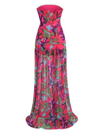 Strapless Tropical Floral Print Drop Waist Tiered Maxi Dress