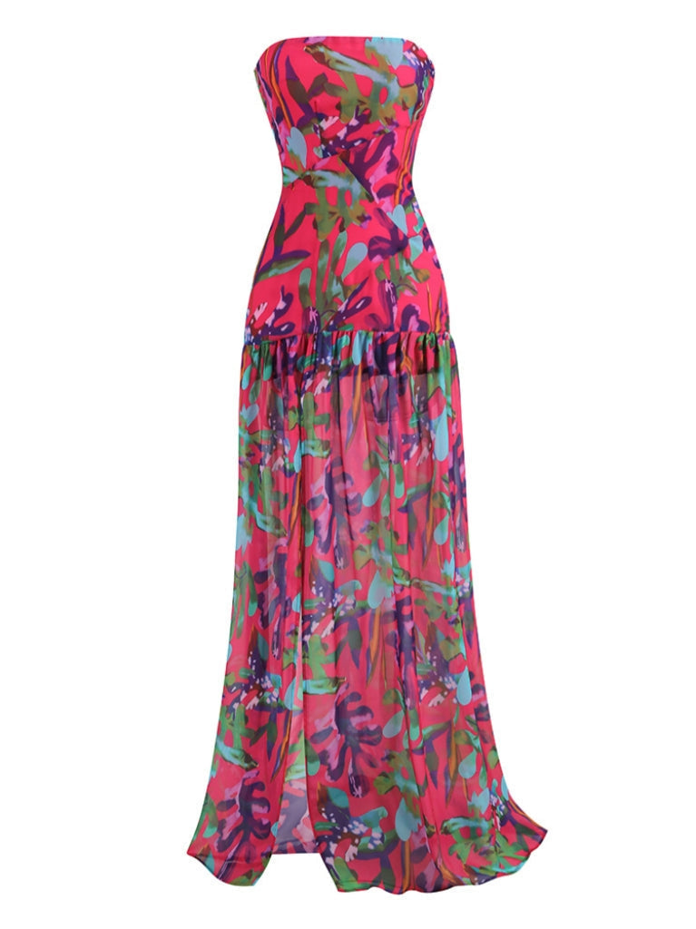 Strapless Tropical Floral Print Drop Waist Tiered Maxi Dress