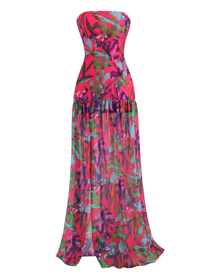 Strapless Tropical Floral Print Drop Waist Tiered Maxi Dress