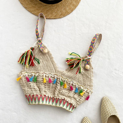 Ins vacation tassel camisole crochet female fashion wear wild short Summer Basic Tops Halter Bikini Hollow Knit Top