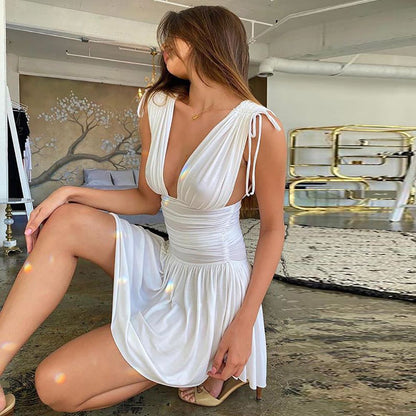 Spaghetti Strap Deep V Ruched Pleated Mini Dress