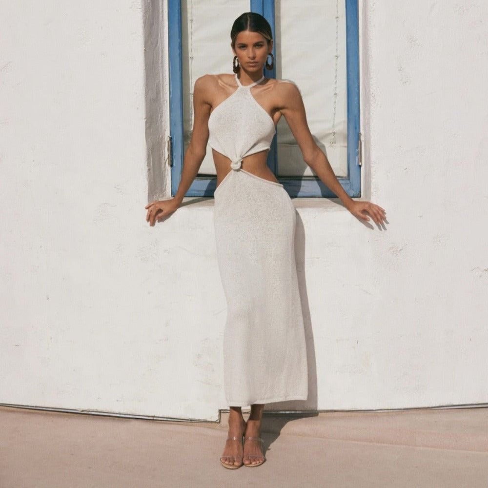 Halter Neck Knit Twist Knot Waist Side Cutout Column Maxi Dress