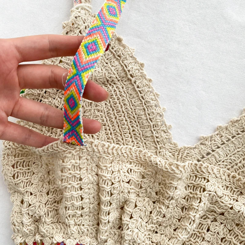 Ins vacation tassel camisole crochet female fashion wear wild short Summer Basic Tops Halter Bikini Hollow Knit Top
