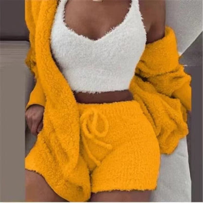 Sexy Fluffy Autumn Piece Sweatshirt Backless Plush Home Sports Women Pyjamas Wear Winter Fleece Outfits Sets 3 Casual Tracksuit