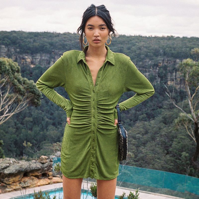 Collared Button Front Ruched Long Sleeve Bodycon Mini Dress