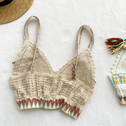 Ins vacation tassel camisole crochet female fashion wear wild short Summer Basic Tops Halter Bikini Hollow Knit Top