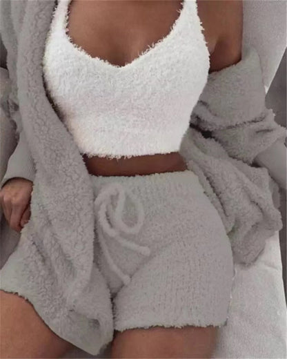 Sexy Fluffy Autumn Piece Sweatshirt Backless Plush Home Sports Women Pyjamas Wear Winter Fleece Outfits Sets 3 Casual Tracksuit