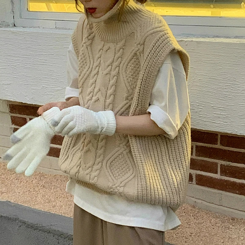 New Women Spring Autumn Turtleneck Twist Sleeveless Short Tank Sweater Jacket Beige Knitted Pullover Waistcoat Vest