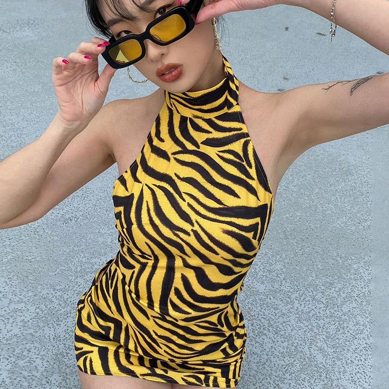 Mock Neck Halter Backless Print Bodycon Mini Dress