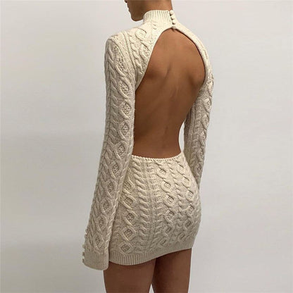 Mock Neck Cable Knit Button Cuff Open Back Bodycon Mini Dress