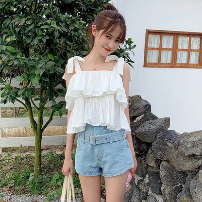 White Camisole Women Summer New Ruffles Sweet Slim Crop Top Sexy Students Clothes Fashion Casual All-match Camis Aesthetic Femme