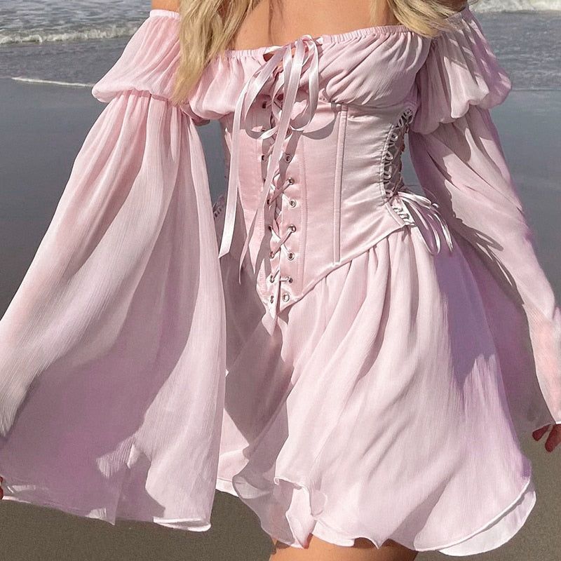 Off Shoulder Floral Lace Up Corset Puff Sleeve Mini Dress