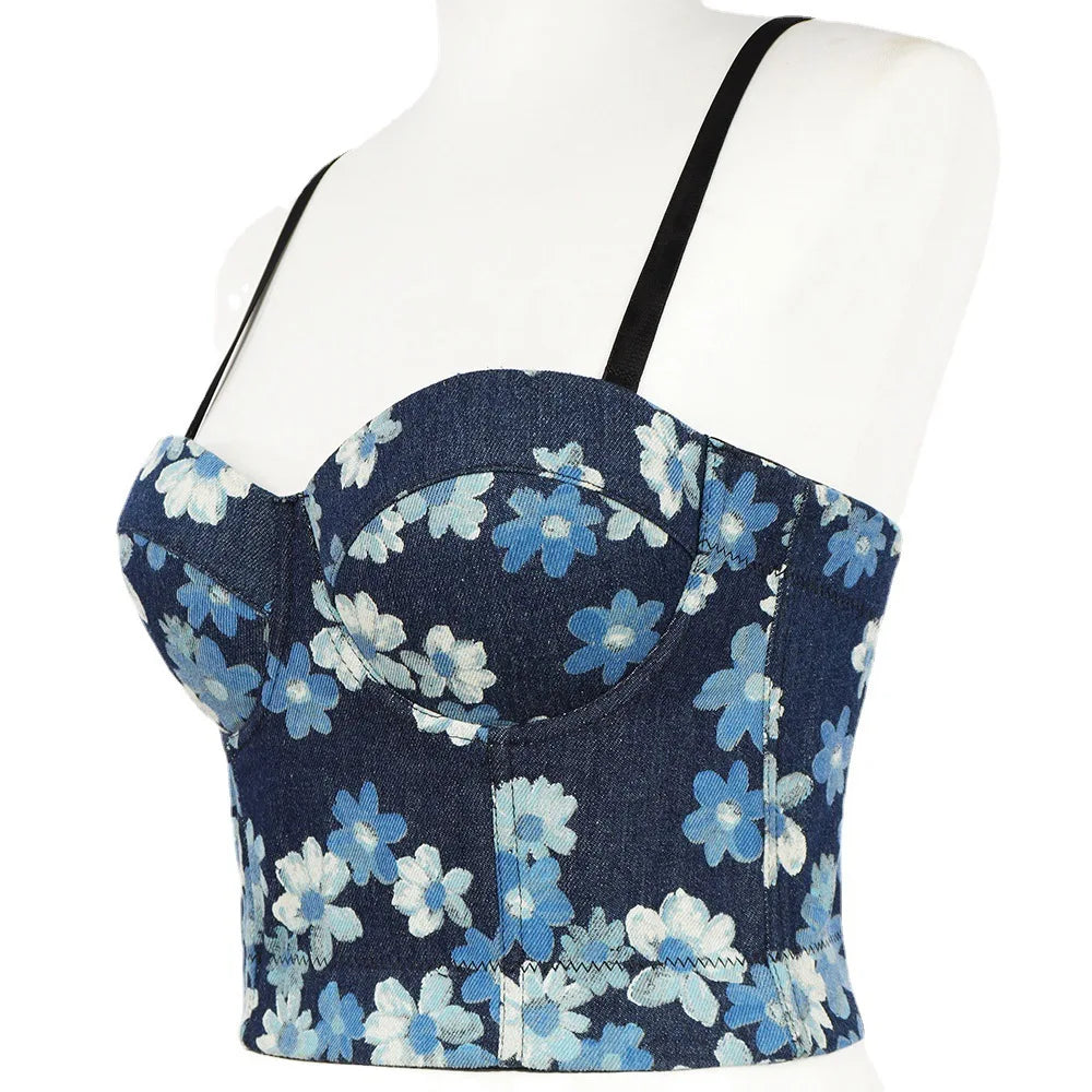 Backless Bandage Cropped Top for Women Chic Printing Denim Camisole Female Sexy Slim Tanks Tube Top Bustier Bra Brassiere