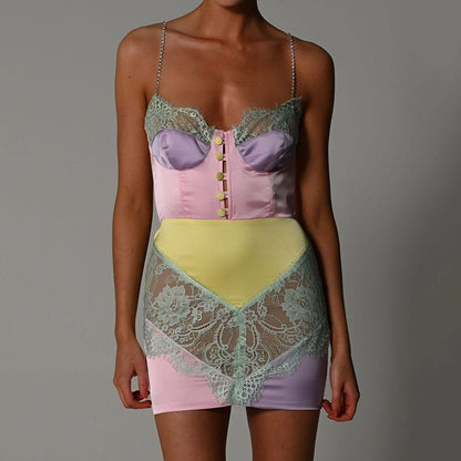 Sweetheart Lace Panel Crystal Strap Satin Mini Dress