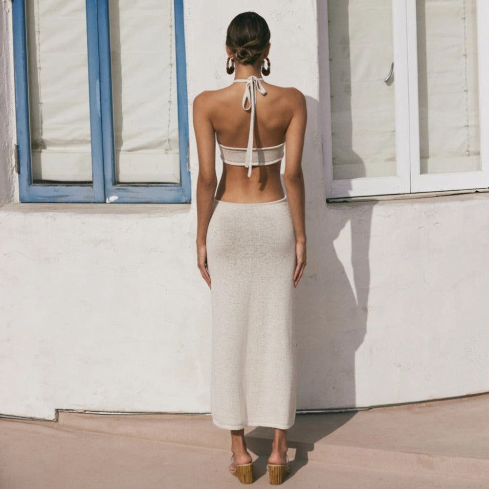 Halter Twist Front Cutout Ribbed Knit Maxi Dress
