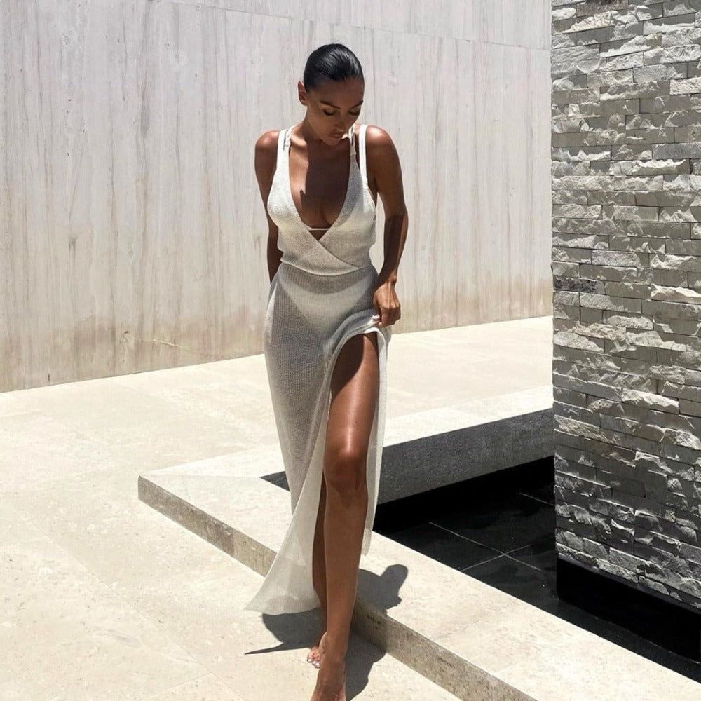Crochet Mesh Deep V Neck Tank High Slit Cover Up Maxi Dress