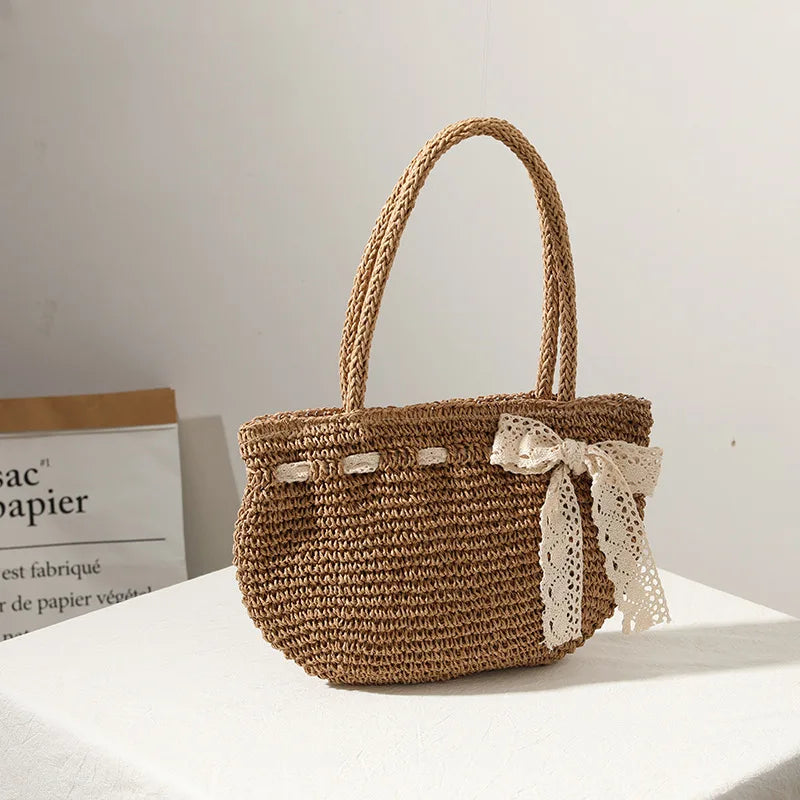 Bowknot woven bag female new shoulder portable hand-woven straw bag seaside vacation beach bag tide