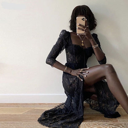 Square Neck Lace Up Corset Puff Sleeve High Slit Maxi Dress