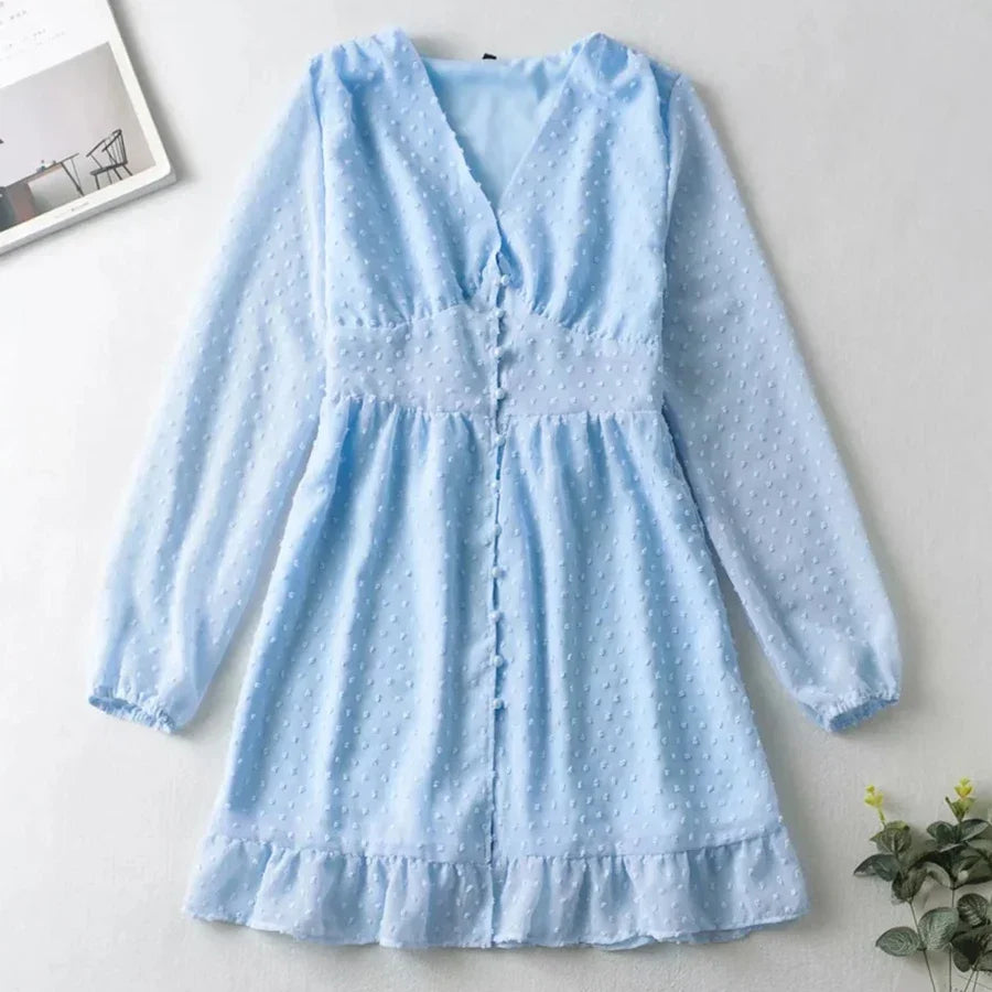 Blue Chiffon Dobby Mini Dress Vintage Button Front Autumn Holiday Women Dress V-neck Ruffle Sheer Sexy Ladies Dresses