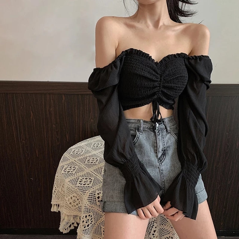 Elegant Fashion Puff Arm Chiffon Crop Women's - Blouse Top