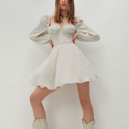 Halter Crossover Strap Puff Sleeve Ditsy Floral Mini Dress