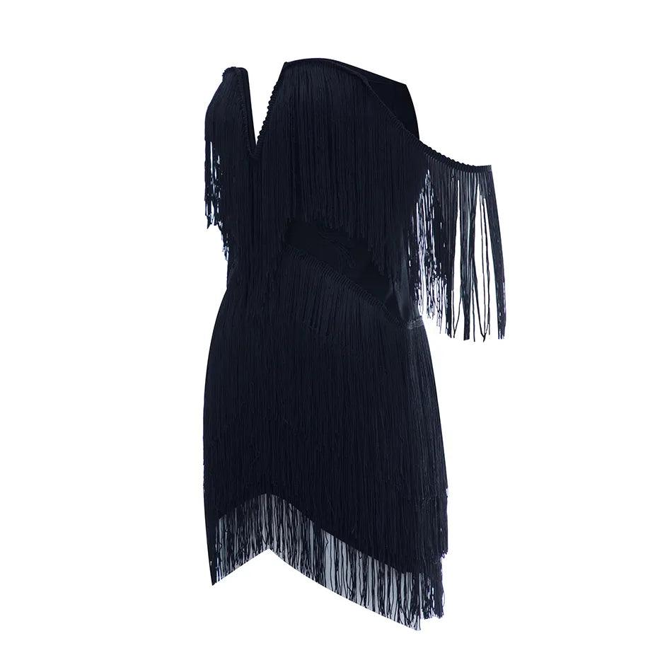 Off Shoulder Tassel Trim Ruched Bodycon Mini Dress