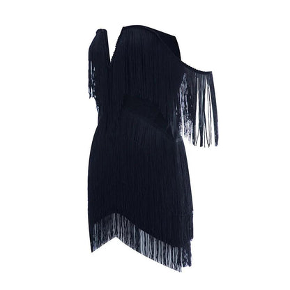 Off Shoulder Tassel Trim Ruched Bodycon Mini Dress