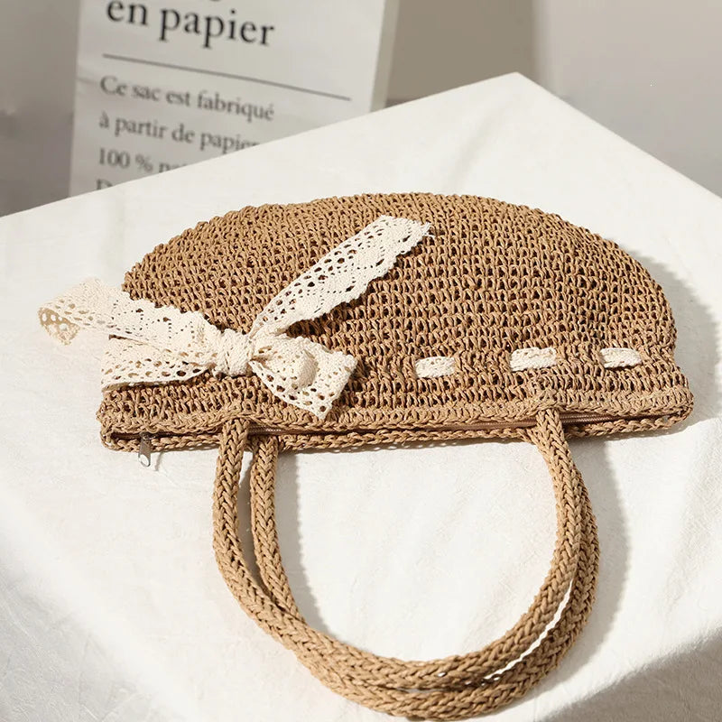 Bowknot woven bag female new shoulder portable hand-woven straw bag seaside vacation beach bag tide