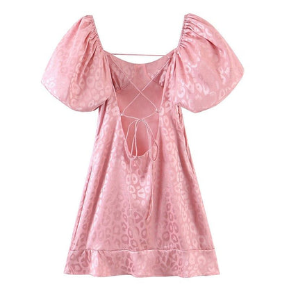 Jacquard Textured Puff Sleeve Lace Up Open Back Mini Dress