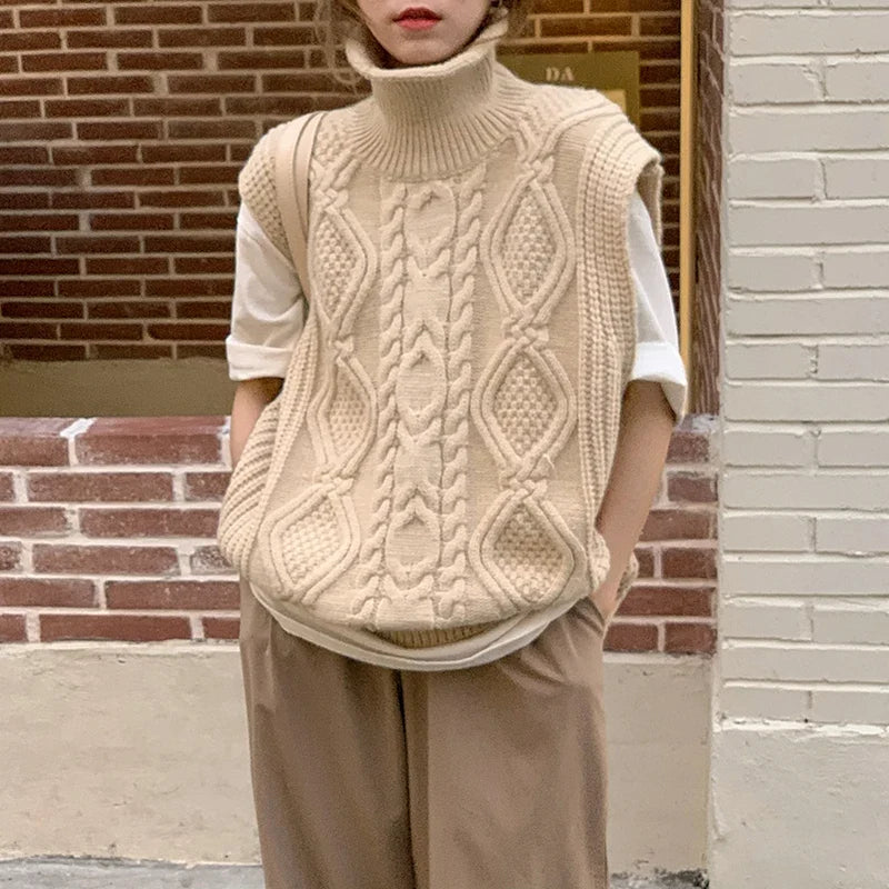 New Women Spring Autumn Turtleneck Twist Sleeveless Short Tank Sweater Jacket Beige Knitted Pullover Waistcoat Vest
