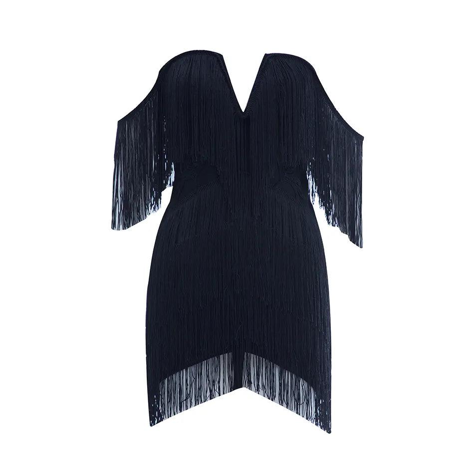 Off Shoulder Tassel Trim Ruched Bodycon Mini Dress