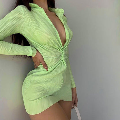 Plunging V-Neck Collar Twist Waist Ribbed Long Sleeve Mini Dress