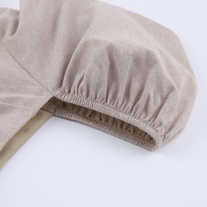 Square Neck Puff Cap Sleeve Empire Waist Linen Babydoll Mini Dress