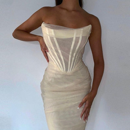 Strapless Corset Vertical Boning Ruched Layered Mesh Bodycon Midi Dress