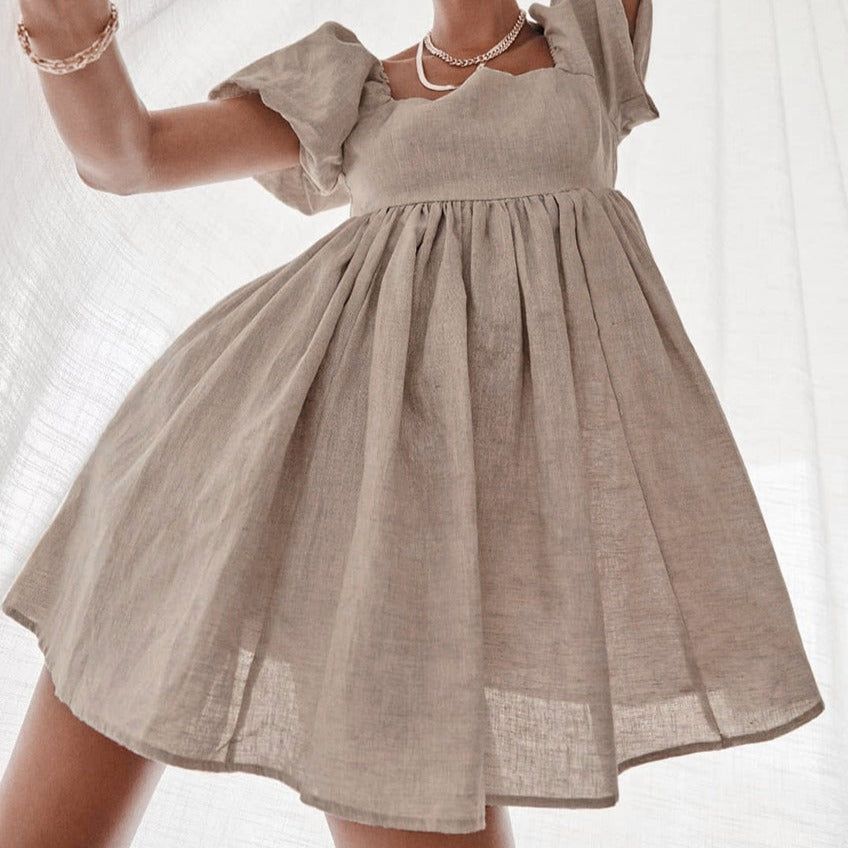 Square Neck Puff Cap Sleeve Empire Waist Linen Babydoll Mini Dress